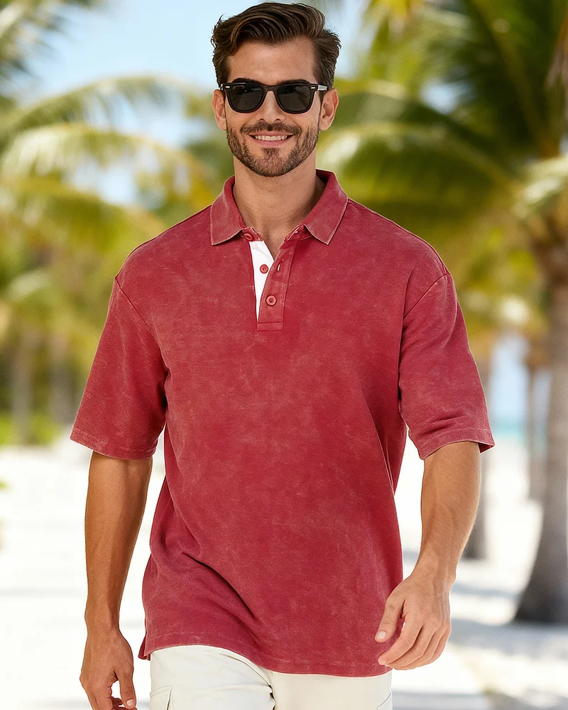 bewakoof Men's Salsa Red Oversized Acid Wash Polo T-shirt